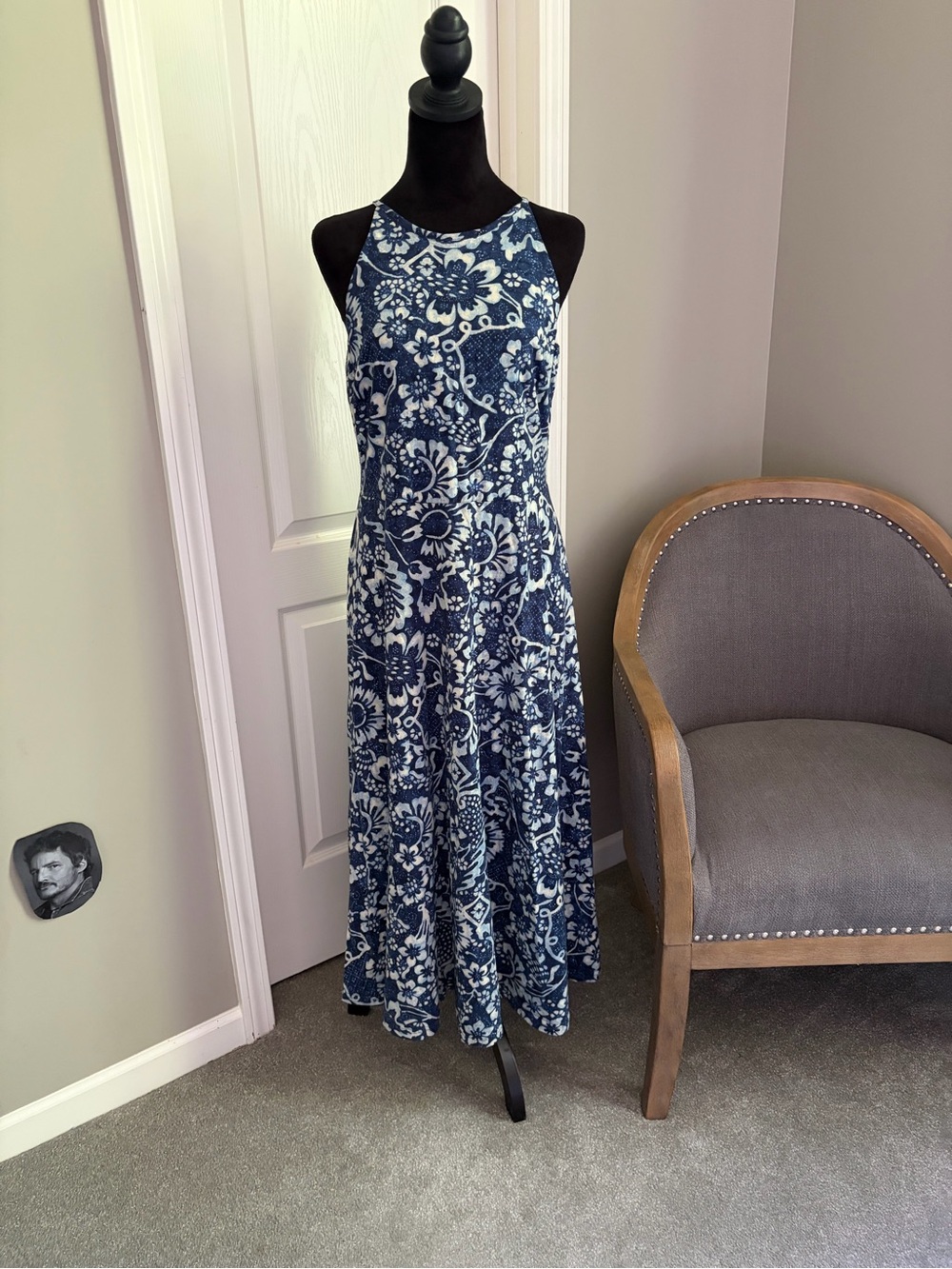 Chaps Navy and White Floral Maxi Halter Dress